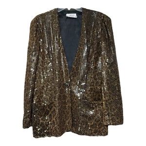 Vintage Farinae Collection Womens Brown Sequin Blazer Jacket Size 12